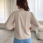 Beige Stripe Double Tie Neck Puff 3/4 Sleeve Blouse