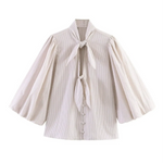 Beige Stripe Double Tie Neck Puff 3/4 Sleeve Blouse