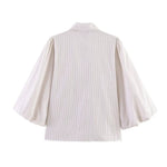 Beige Stripe Double Tie Neck Puff 3/4 Sleeve Blouse