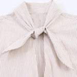 Beige Stripe Double Tie Neck Puff 3/4 Sleeve Blouse