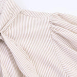 Beige Stripe Double Tie Neck Puff 3/4 Sleeve Blouse