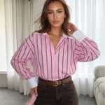 Pink Stripe Contrast White Collar Cuff Oversized Shirt