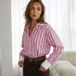 Pink Stripe Contrast White Collar Cuff Oversized Shirt