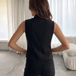 Black Mandarin Collar Frog Button Fitted Sleeveless Vest