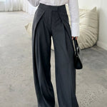 Grey Pinstripe High Waist Fold Pleat Wide Leg Pants