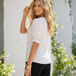 White Floral Notch V Neck Puff Ruffle Cuff Short Sleeve Blouse