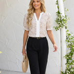 White Floral Notch V Neck Puff Ruffle Cuff Short Sleeve Blouse