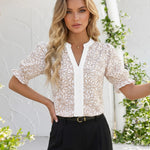 White Floral Notch V Neck Puff Ruffle Cuff Short Sleeve Blouse