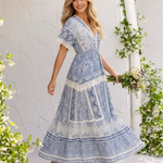 Blue Vintage Patchwork Lace Trim V Neck Maxi Dress