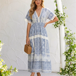 Blue Vintage Patchwork Lace Trim V Neck Maxi Dress