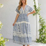 Blue Vintage Patchwork Lace Trim V Neck Maxi Dress
