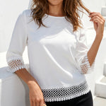 White Hollow Lace Trim 3/4 Sleeve Casual Blouse