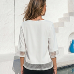 White Hollow Lace Trim 3/4 Sleeve Casual Blouse