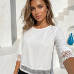 White Hollow Lace Trim 3/4 Sleeve Casual Blouse