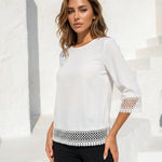 White Hollow Lace Trim 3/4 Sleeve Casual Blouse