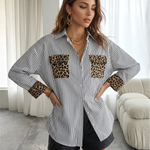 Stripe Leopard Patch Pocket Roll Up Sleeve Oversized Shirt