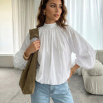 White Gathered Bubble Cuff Lantern Sleeve Blouse