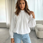 White Gathered Bubble Cuff Lantern Sleeve Blouse