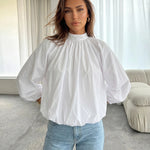White Gathered Bubble Cuff Lantern Sleeve Blouse