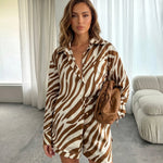 Brown Zebra Print Oversized Shirt Elastic Waist Shorts Set