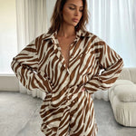 Brown Zebra Print Oversized Shirt Elastic Waist Shorts Set