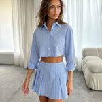 Blue White Stripe Cropped Shirt Pleated Mini Skirt Set