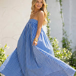 Blue White Stripe Strapless Bandeau Loose Flowy Maxi Dress