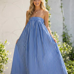 Blue White Stripe Strapless Bandeau Loose Flowy Maxi Dress