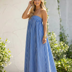 Blue White Stripe Strapless Bandeau Loose Flowy Maxi Dress