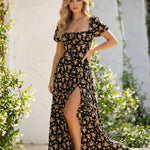 Black Yellow Ditsy Floral Square Neck Puff Sleeve High Slit Maxi Dress