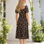 Black Yellow Ditsy Floral Square Neck Puff Sleeve High Slit Maxi Dress