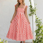 Blue Stripe Print Tie Shoulder Square Neck A-Line Midi Dress