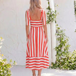 Blue Stripe Print Tie Shoulder Square Neck A-Line Midi Dress