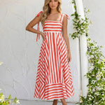 Blue Stripe Print Tie Shoulder Square Neck A-Line Midi Dress