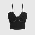 Black Rib Knit 3D Flower Spaghetti Crop Cami Top