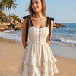 White Cream Corset Tiered Ruffle Mini Dress