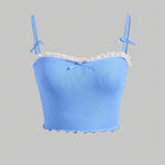 Light Blue Ribbed Lace Trim Bow Accent Cropped Camisole