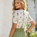 White Green Paisley Print Crew Neck Button Front Short Sleeve Blouse