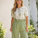 White Green Paisley Print Crew Neck Button Front Short Sleeve Blouse