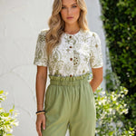 White Green Paisley Print Crew Neck Button Front Short Sleeve Blouse