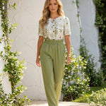 White Green Paisley Print Crew Neck Button Front Short Sleeve Blouse
