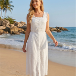 White Eyelet Embroidery Ruffle Strap Tie Waist Front Slit Midi Dress