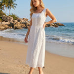 White Eyelet Embroidery Ruffle Strap Tie Waist Front Slit Midi Dress