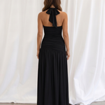 Black Halter Gold Butterfly Ruched High Slit Maxi Dress