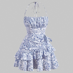 White Blue Floral Sketch Print Halter Side Tie Tiered Ruffle Mini Dress