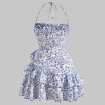 White Blue Floral Sketch Print Halter Side Tie Tiered Ruffle Mini Dress