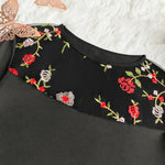 Black Floral Embroidery Sheer Mesh Round Neck Long Sleeve Bodysuit