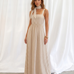 Beige Stripe Square Neck Matching Scarf Strap Maxi Dress