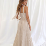 Beige Stripe Square Neck Matching Scarf Strap Maxi Dress