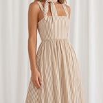 Beige Stripe Square Neck Matching Scarf Strap Maxi Dress